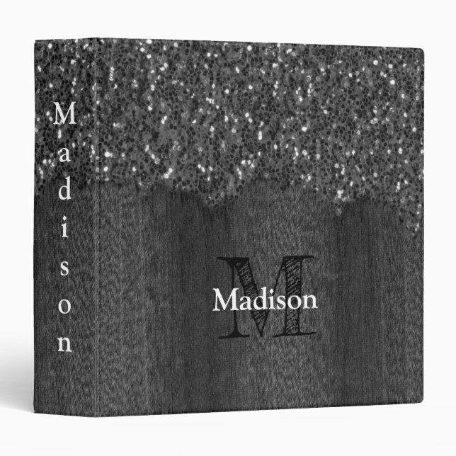 Black white faux sparkles rustic wood Monogram 3 Ring Binder (Front/Spine)