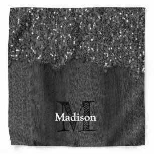 Black white faux sparkles rustic wood Monogram Bandana