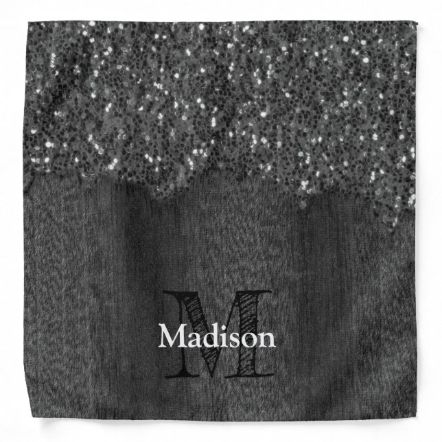 Black white faux sparkles rustic wood Monogram Bandana (Front)