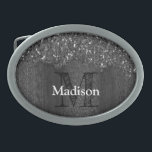 Black white faux sparkles rustic wood Monogram Belt Buckle<br><div class="desc">Monogram Personalize with your custom initial and name. Gray grey black and white glitter rustic wood.  Elegant faux sparkly sparkles with broken rustic piece of wood over it. *photo of sparkles glitter!</div>