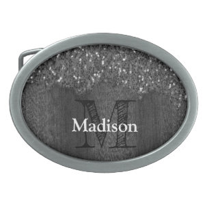 Black white faux sparkles rustic wood Monogram Belt Buckle