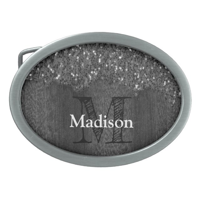 Black white faux sparkles rustic wood Monogram Belt Buckle (Front)