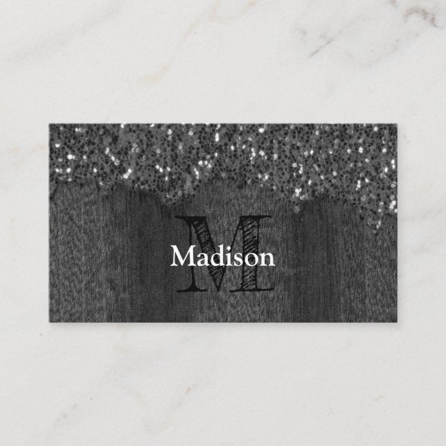 Black white faux sparkles rustic wood Monogram Business Card (Front)