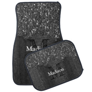 Black white faux sparkles rustic wood Monogram Car Floor Mat