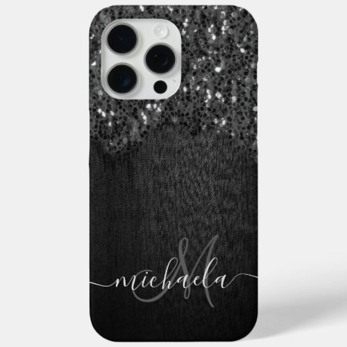 Black white faux sparkles rustic wood Monogram iPhone 15 Pro Max Case