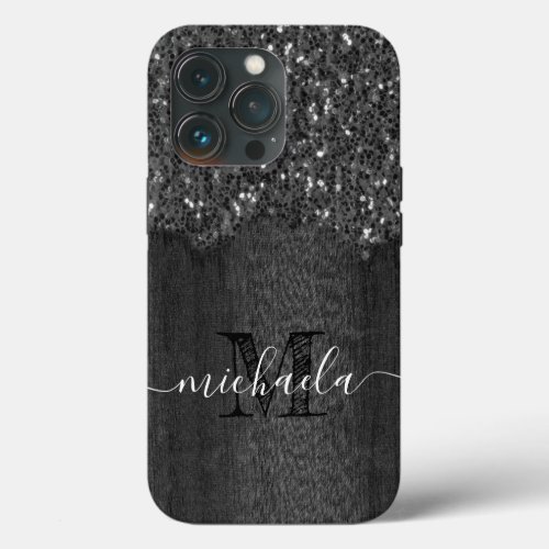 Black white faux sparkles rustic wood Monogram iPhone 13 Pro Case