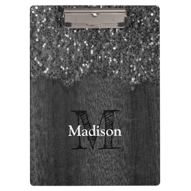 Black white faux sparkles rustic wood Monogram Clipboard (Front)