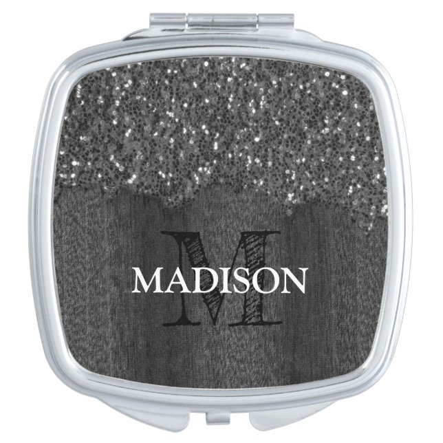 Black white faux sparkles rustic wood Monogram Compact Mirror (Front)