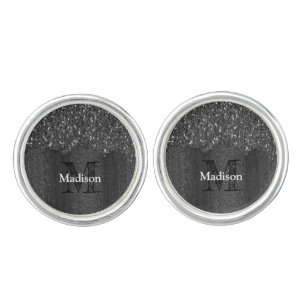 Black white faux sparkles rustic wood Monogram Cufflinks