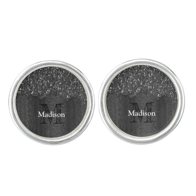 Black white faux sparkles rustic wood Monogram Cufflinks (Front)