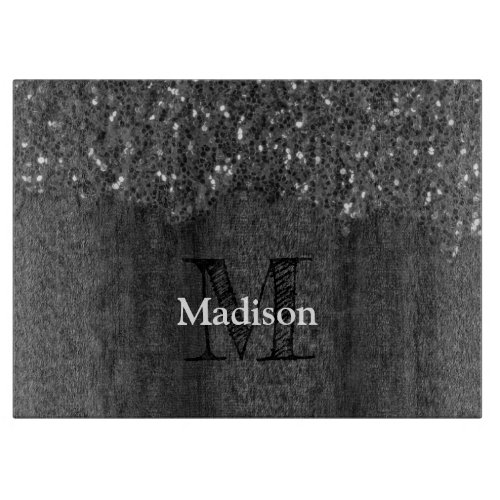 Black white faux sparkles rustic wood Monogram Cutting Board
