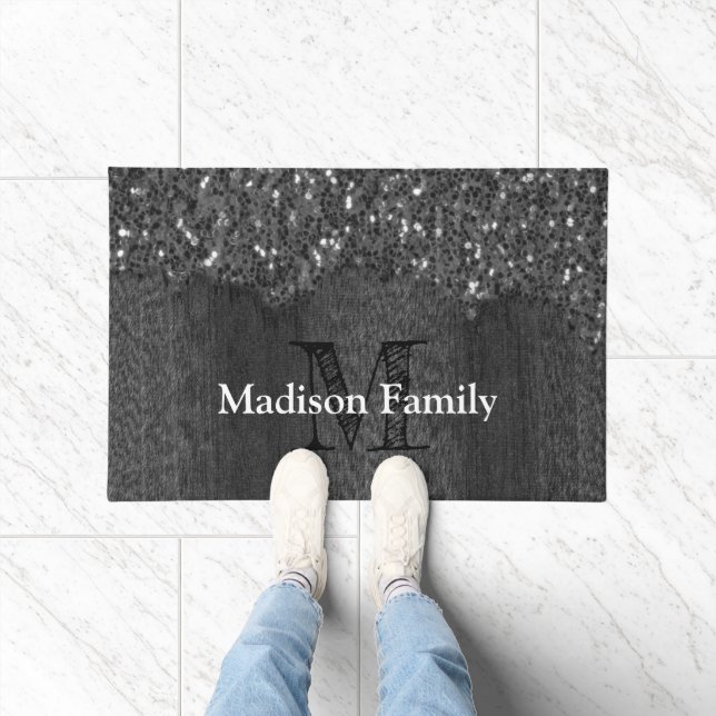 Black white faux sparkles rustic wood Monogram Doormat (Indoor)