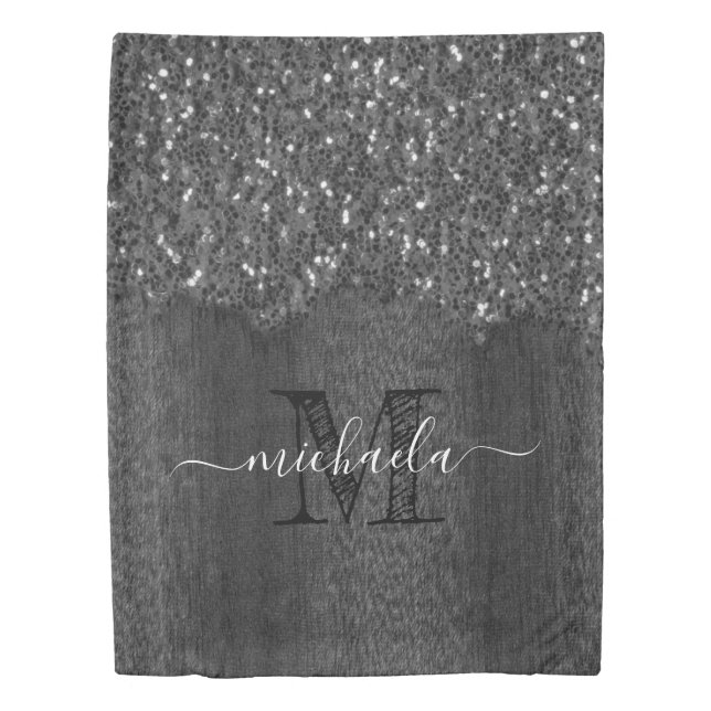 Black white faux sparkles rustic wood Monogram Duvet Cover (Front)
