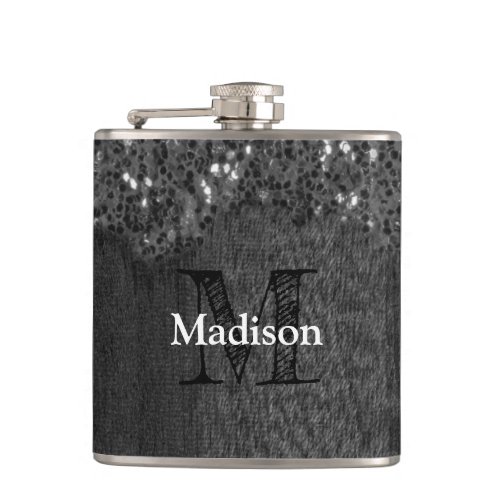 Black white faux sparkles rustic wood Monogram Flask
