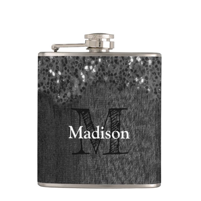 Black white faux sparkles rustic wood Monogram Flask (Front)