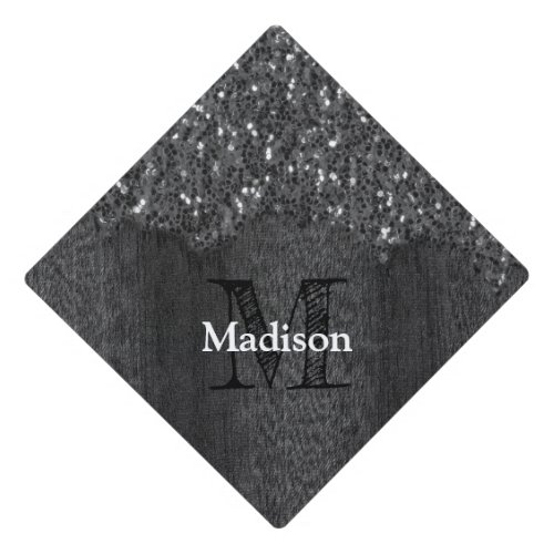 Black white faux sparkles rustic wood Monogram Graduation Cap Topper