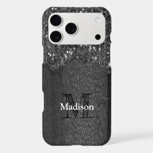 Black white faux sparkles rustic wood Monogram iPhone 17 Pro Max Case