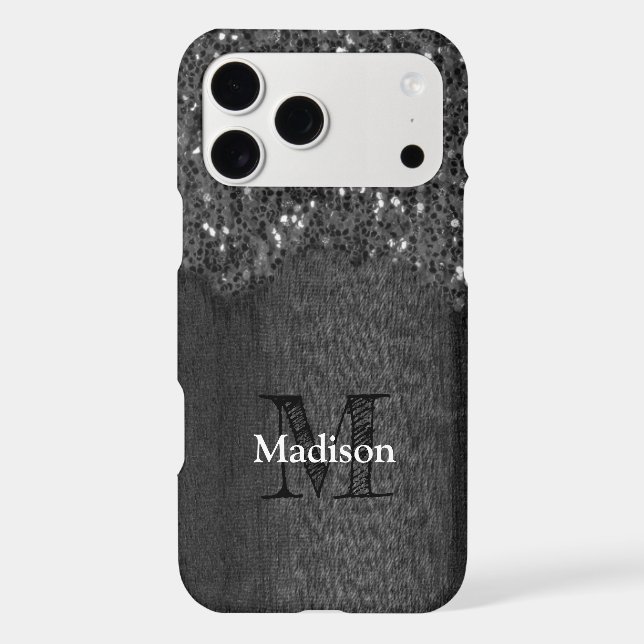 Black white faux sparkles rustic wood Monogram iPhone Case (Back)