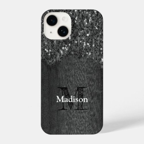 Black white faux sparkles rustic wood Monogram iPhone 14 Case
