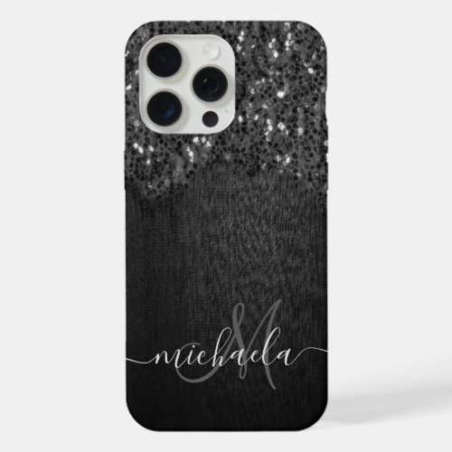 Black white faux sparkles rustic wood Monogram iPhone 15 Pro Max Case