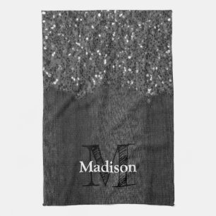 Black white faux sparkles rustic wood Monogram Kitchen Towel