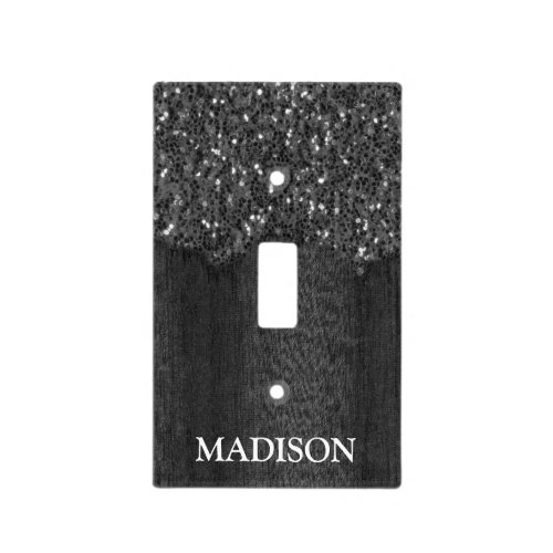 Black white faux sparkles rustic wood Monogram Light Switch Cover