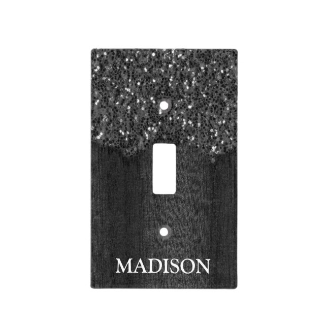 Black white faux sparkles rustic wood Monogram Light Switch Cover (Front)