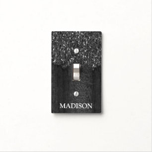 Black white faux sparkles rustic wood Monogram Light Switch Cover
