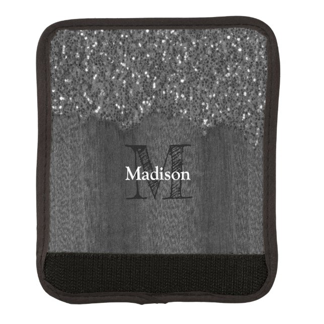 Black white faux sparkles rustic wood Monogram Luggage Handle Wrap (Front)