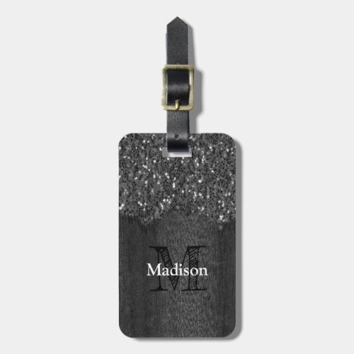 Black white faux sparkles rustic wood Monogram Luggage Tag