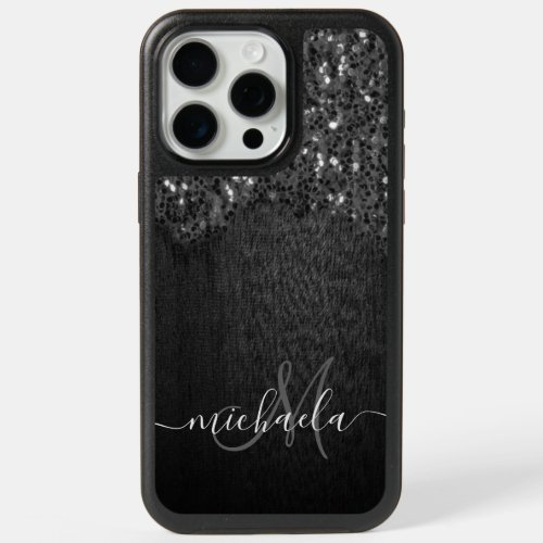 Black white faux sparkles rustic wood Monogram iPhone 15 Pro Max Case