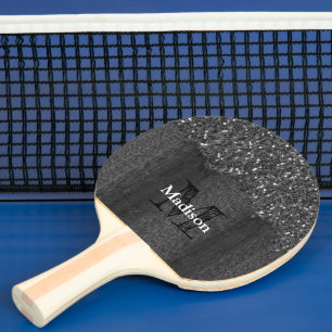 Black white faux sparkles rustic wood Monogram Ping Pong Paddle