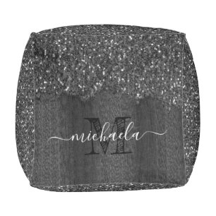 Black white faux sparkles rustic wood Monogram Pouf