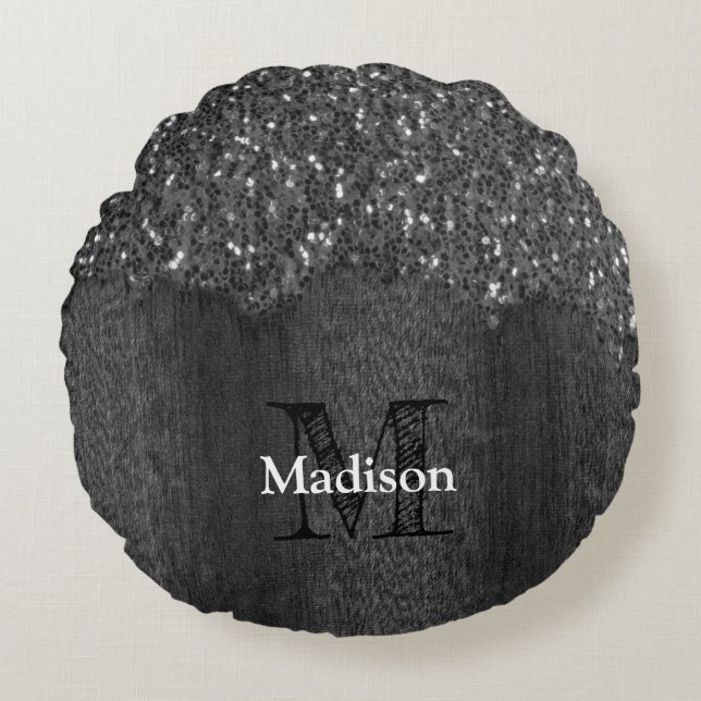 Black white faux sparkles rustic wood Monogram Round Pillow (Front)