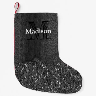 Black white faux sparkles rustic wood Monogram Small Christmas Stocking