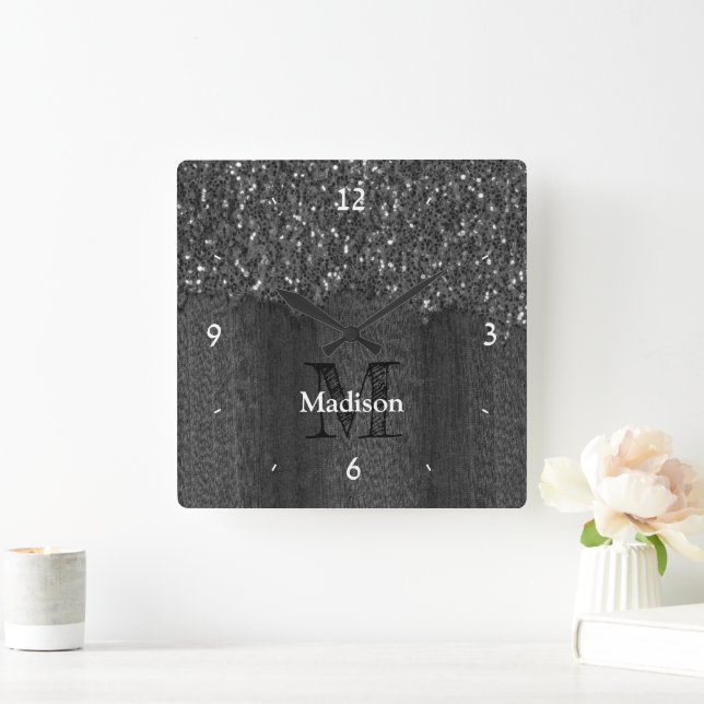 Black white faux sparkles rustic wood Monogram Square Wall Clock (Home)