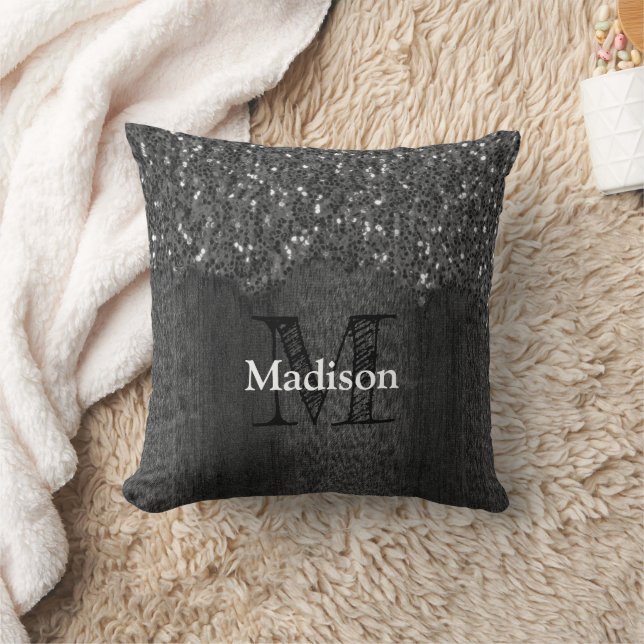 Black white faux sparkles rustic wood Monogram Throw Pillow (Blanket)