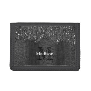 Black white faux sparkles rustic wood Monogram Tri-fold Wallet