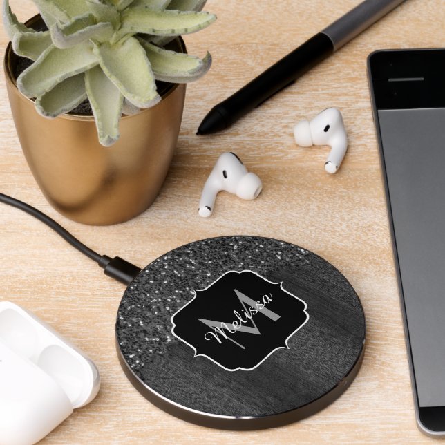 Black white faux sparkles rustic wood Monogram Wireless Charger (Desk 2)