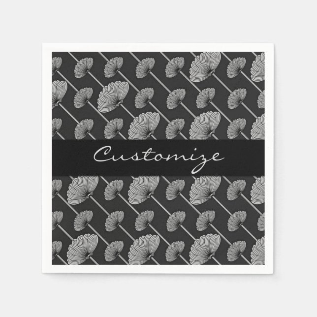 Black & White Feathered Floral Fans Napkins (Front)