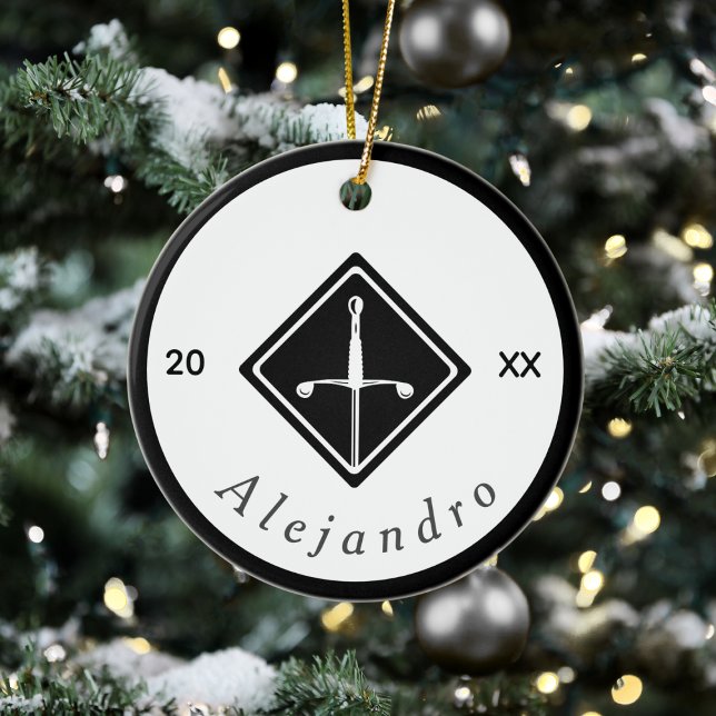 Black & White Fencing Sword Logo Custom Name Year  Ceramic Ornament (Creator Uploaded)