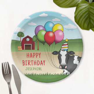 Black White Festive Cow Barnyard Kid's Birthday Paper Plates