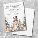 Black White Festive Winter Christmas Party Invitation<br><div class="desc">Invite guests to your holiday party with this charming winter snowman-themed invitation. Featuring an elegant watercolor design, the centerpiece is a delightful black and white snowman wearing a cute top hat, and gold scarf, surrounded by golden accents. At the base, festive trees and presents complete the scene, adding a whimsical...</div>