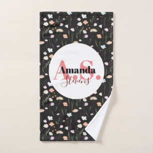 Black White Field Flower Monogram Pickleball Towel