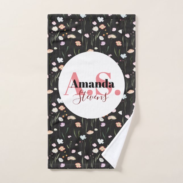 Black White Field Flower Monogram Pickleball Towel (Hand Towel)