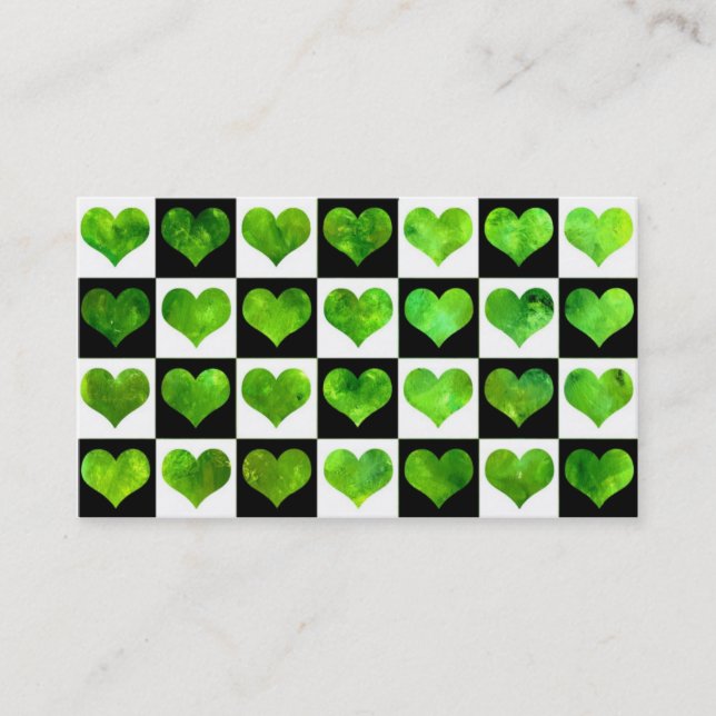 Black & White Field Of Green Hearts Business Card (Front)