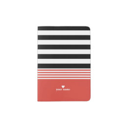 Black, White & Fiesta Orange Striped Personalized Passport Holder