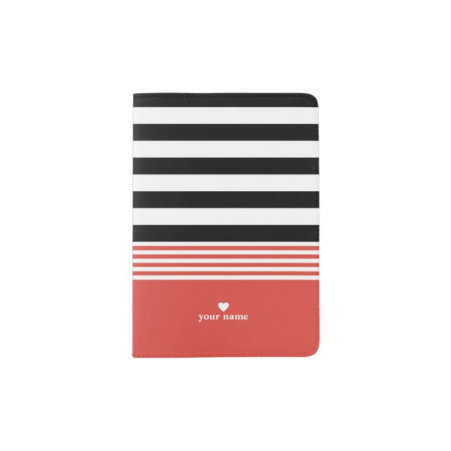 Black, White & Fiesta Orange Striped Personalized Passport Holder (Front)