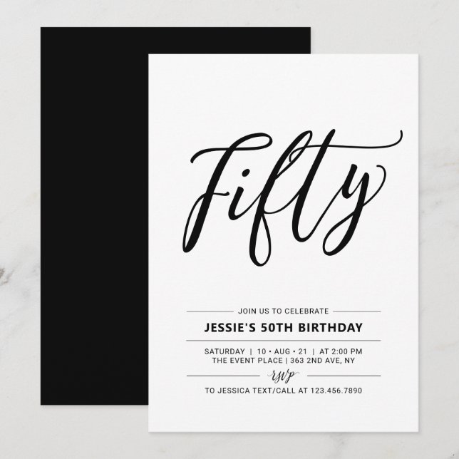 Black & White Fifty Minimal 50th Birthday Party Invitation (Front/Back)