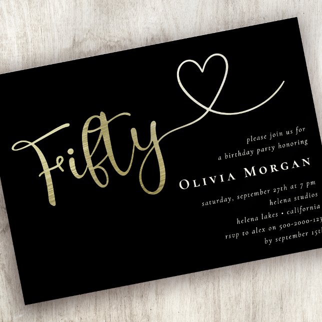 Black White Fifty Script Gold Foil 50th Invitation (Creator Uploaded)
